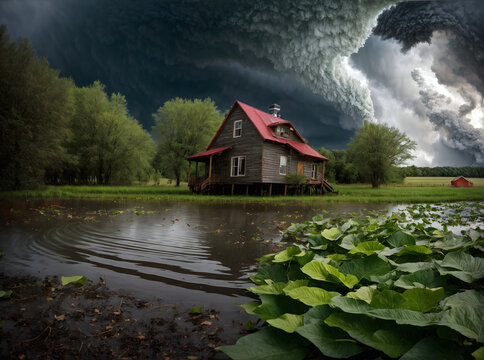Dramatic scenery with tornado approaching lonely farm house in the green valley, weather background 