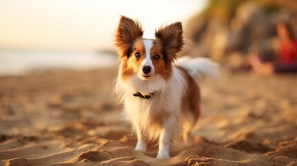 Papillon Dog on Beach with Water Background