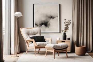 Scandinavianstyle living room in modern home decor, featuring a chic armchair, a black poster frame, a dresser, a wooden stool, a book, decorative items, a loft wall, and personal accessories.