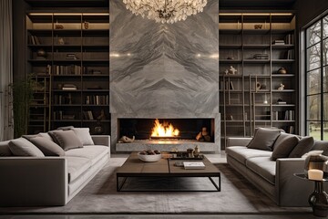 A chic and expensive interior of a luxurious country house with a modern design includes a living room adorned with a marble wall fireplace and a stylish bookcase that stretches up to the ceiling. The