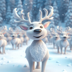 Christmas reindeer in the snowy forest. 3D illustration