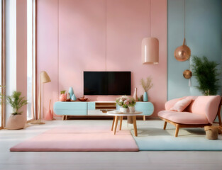 interior, background, design, styling, stylish, fresh, pink, blue, pastel, living room, room, furniture, table, sofa, home, house, wall, floor, luxury, couch, contemporary, light, apartment, wood, ind