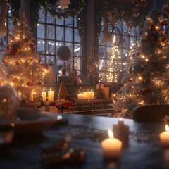 interior christmas. magic glowing tree, fireplace, gifts in dark. Background .