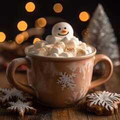 Hot chocolate with marshmallows, warm cozy Christmas drink. Background .