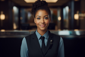 Welcoming with a Smile: Portrait of a Young Black Woman Hotel Receptionist