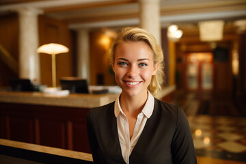 Fototapeta premium Welcoming with a Smile: Portrait of a Young European Woman Hotel Receptionist