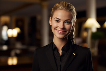 Obraz premium Welcoming with a Smile: Portrait of a Young European Woman Hotel Receptionist
