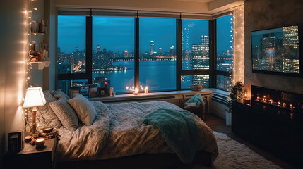 interior of a hotel room with city night view