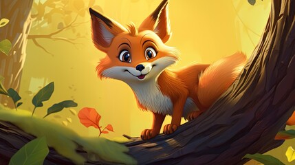 Fototapeta premium a cartoon fox standing on a tree branch in a forest. generative ai