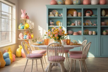 The interior design of a Easter themed dining room includes a round table adorned with colorful eggs, an Easter cake, and sculptures of Easter bunnies. A vase with flowers and a beige bowl are also