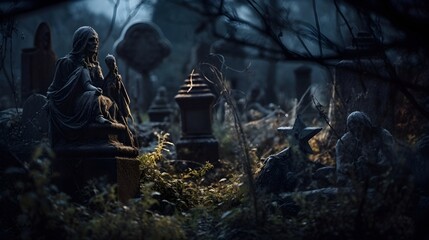 spooky cemetery with statues at halloween night generative art