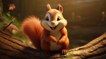  a cartoon squirrel sitting on a log in a forest with leaves.  generative ai