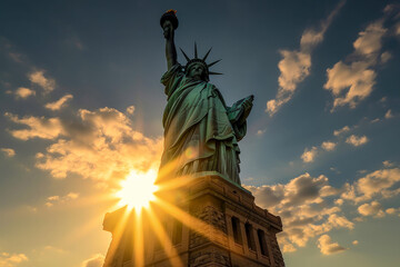 Fototapeta premium Statue of Liberty at sunset - Generative AI