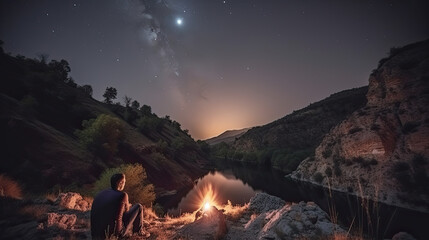 sunset campfire in the mountains