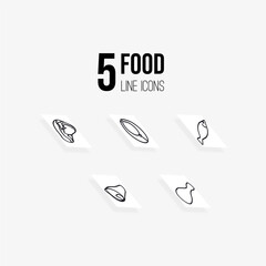 5 healthy food icons, black on a white background. Protein: meat, fish, chicken leg, cutaway fish, pork leg. Used for designing mobile applications.