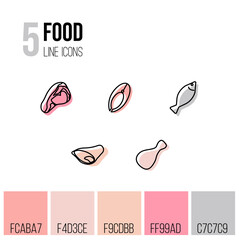 5 healthy food icons, black on a white background, colored. Protein: meat, fish, chicken leg, cutaway fish, pork leg. Used for designing mobile applications.