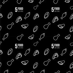 5 healthy food icons, white on black background. Protein: meat, fish, chicken leg, cutaway fish, pork leg. Used for designing mobile applications.