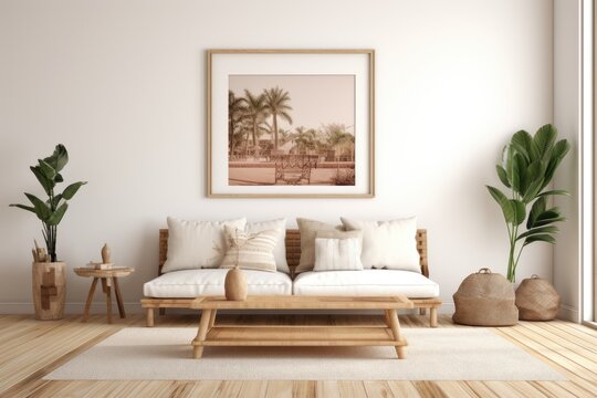 A rendering of a ScandinavianBohemian style home interior is displayed in a white room with natural wooden furniture as the background. The image showcases a mockup frame that complements the overall