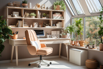 Interior design of home office space with stylish wooden desk, beautiful chair, laptop, platns. Created with Generative AI