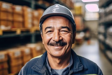 Mexican latin warehouse worker smiling portrait in a warehouse