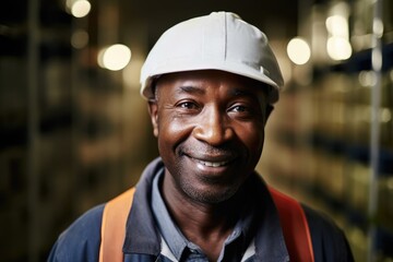 African american warehouse worker portrait in a warehouse smiling