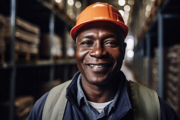 African american warehouse worker portrait in a warehouse smiling