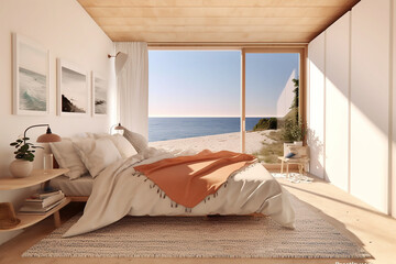 White bedroom interior with sea views. Generative AI