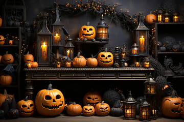 Halloween interior in antique style with pumpkins, skulls and red roses. Generative AI