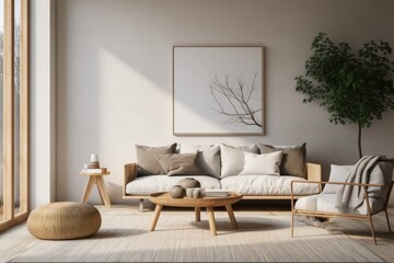 A visualization of a mockup frame placed in the background of a Scandinavian living room interior.