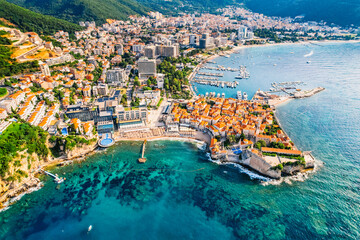 Budva, Montenegro from the air. Aerial city and beach  view.