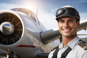 Portrait of pilot in airport near airplane. Male confident pilot in uniform standing near private jet and smiling.