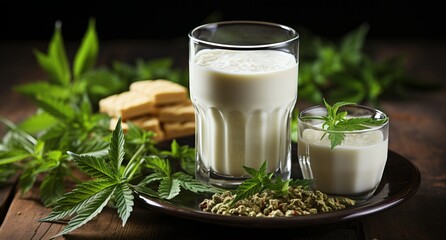 Obraz na płótnie Canvas Hemp milk, a glass of drink on the background of cannabis leaves, industrial use of marijuana. Legal use of hemp products. No lactose or harm.