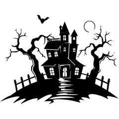 Illustration of silhouette a scary house. Mystical house with monsters and ghost for Halloween