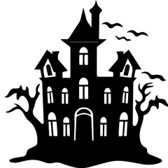 Illustration of silhouette a scary house. Mystical house with monsters and ghost for Halloween