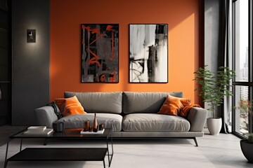 room with modern grey tones and a vibrant orange sofa.