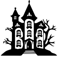 Illustration of silhouette a scary house. Mystical house with monsters and ghost for Halloween
