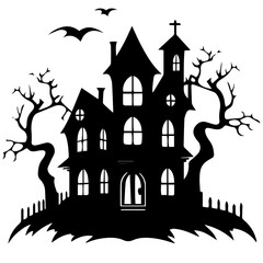 Illustration of silhouette a scary house. Mystical house with monsters and ghost for Halloween