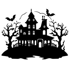 Illustration of silhouette a scary house. Mystical house with monsters and ghost for Halloween