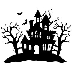 Illustration of silhouette a scary house. Mystical house with monsters and ghost for Halloween