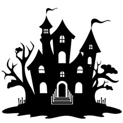 Illustration of silhouette a scary house. Mystical house with monsters and ghost for Halloween