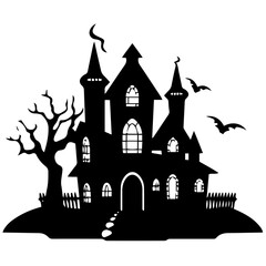 Illustration of silhouette a scary house. Mystical house with monsters and ghost for Halloween