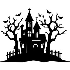 Illustration of silhouette a scary house. Mystical house with monsters and ghost for Halloween