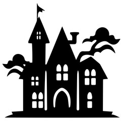 Illustration of silhouette a scary house. Mystical house with monsters and ghost for Halloween