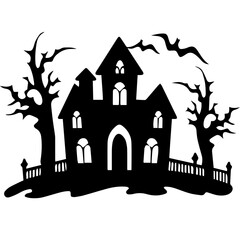 Illustration of silhouette a scary house. Mystical house with monsters and ghost for Halloween