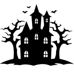 Illustration of silhouette a scary house. Mystical house with monsters and ghost for Halloween