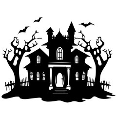 Illustration of silhouette a scary house. Mystical house with monsters and ghost for Halloween