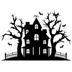 Illustration of silhouette a scary house. Mystical house with monsters and ghost for Halloween