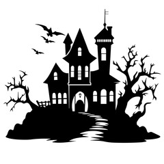 Illustration of silhouette a scary house. Mystical house with monsters and ghost for Halloween
