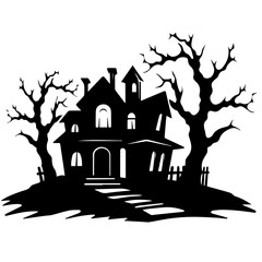 Illustration of silhouette a scary house. Mystical house with monsters and ghost for Halloween