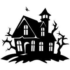 Illustration of silhouette a scary house. Mystical house with monsters and ghost for Halloween